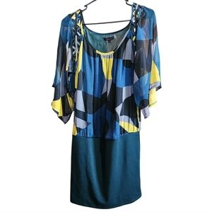 Anthropologie Lulumari Geometric Print Dress Lattice Sleeve Midi Large Boho Chic